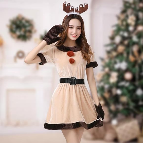 [Formemory] クリスマス サンタコス タイトワンピース クリスマスコスプレ レディース セクシー トナカイ コスプレ トナカイ コスプレ  ランキング トナカイ 着ぐるみ サンタ コスプレ 衣装 クリスマス 仮装 3点セット オフショル (クリスマス鹿)